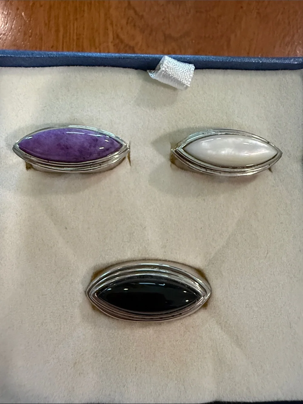 925 Sterling Silver Ring Set with Amethyst, Onyx & White Stone Size 6